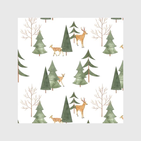 Скатерть «Зимний лес. Акварельный паттерн с оленями и абстрактными деревьями на белом фоне»