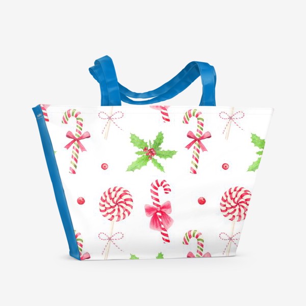 Пляжная сумка &laquo;Новый год, акварельный паттерн с рождественскими конфетами и веткой остролиста&raquo;