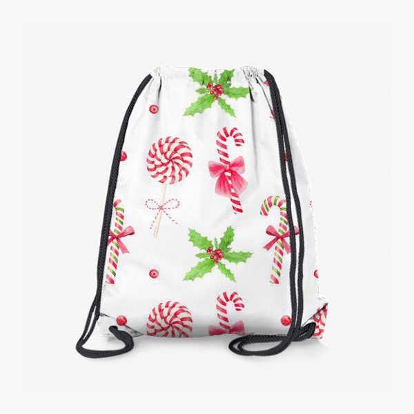 Рюкзак «Новый год, акварельный паттерн с рождественскими конфетами и веткой остролиста»