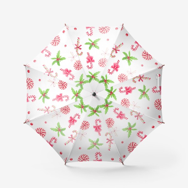 Зонт «Новый год, акварельный паттерн с рождественскими конфетами и веткой остролиста»
