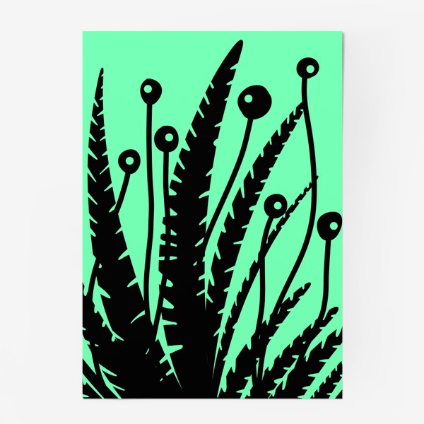 Постер «Тропические растения, черные кусты на зеленом»
