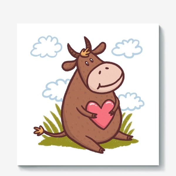 Холст «Милый бык с сердечком на белом фоне. Трава и облака»