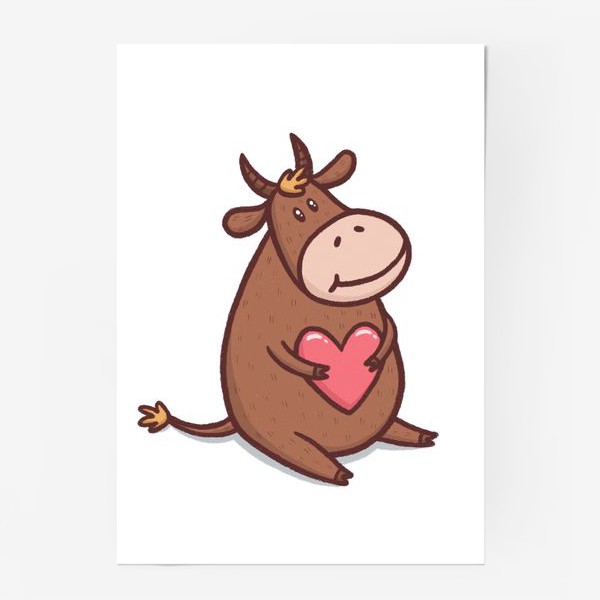 Постер «Милый бык с сердечком на белом фоне»