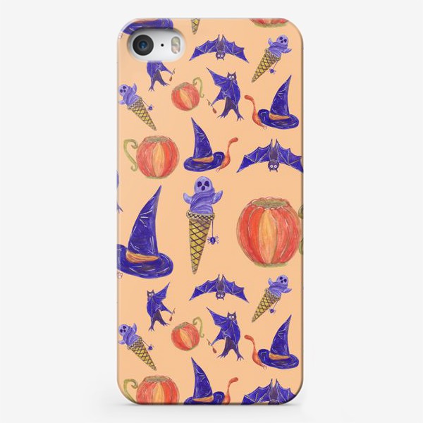 Чехол iPhone «Кот под шляпой ведьмы, мороженое из привидения, тыквенная чашка, летучие мыши. Хэллоуин. Паттерн»