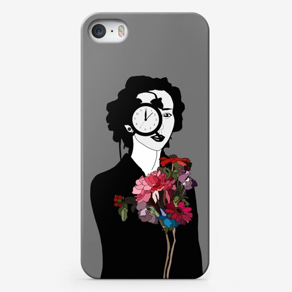 Чехол iPhone «Девушка, часы, цветы, сюрреализм »