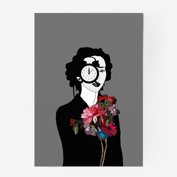Постер «Девушка, часы, цветы, сюрреализм »