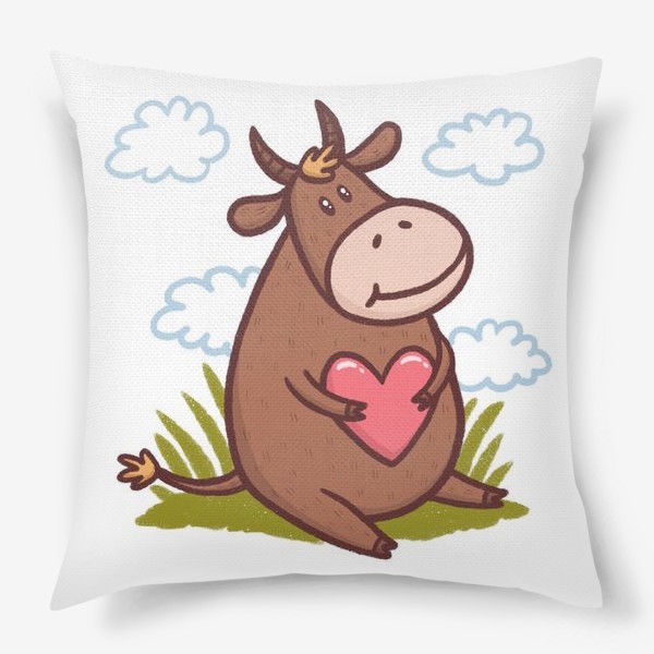 Подушка «Милый бык с сердечком на белом фоне. Трава и облака»