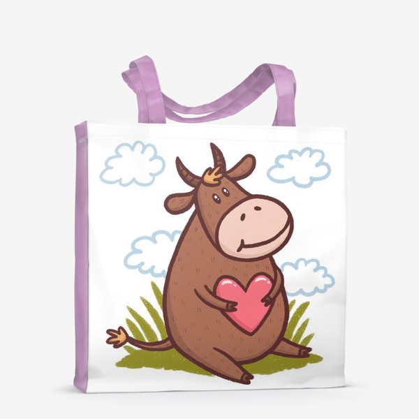 Сумка-шоппер «Милый бык с сердечком на белом фоне. Трава и облака»