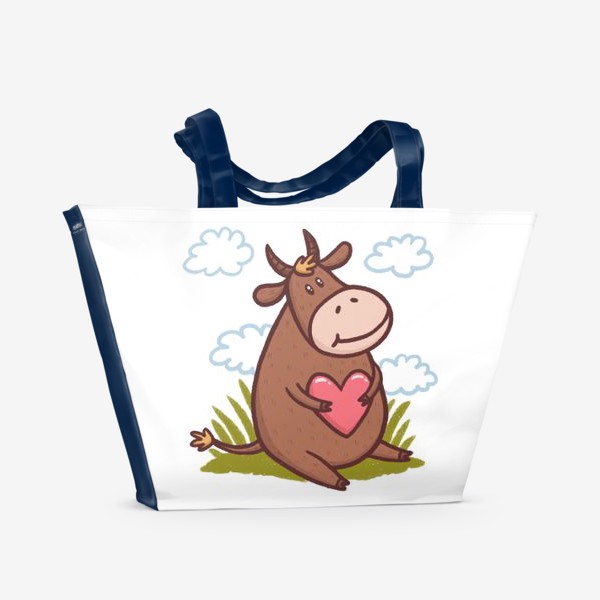 Пляжная сумка «Милый бык с сердечком на белом фоне. Трава и облака»