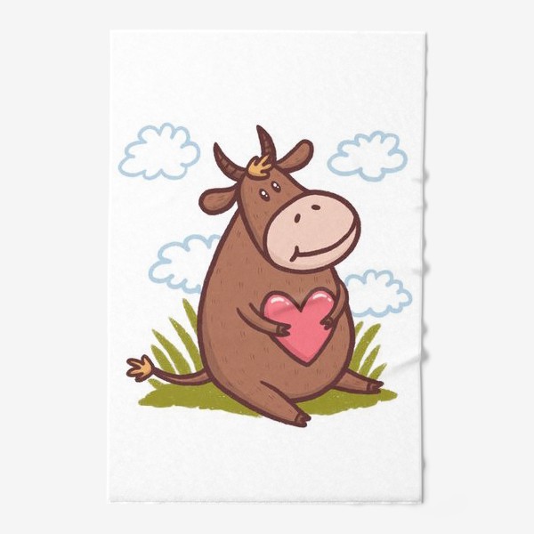Полотенце «Милый бык с сердечком на белом фоне. Трава и облака»