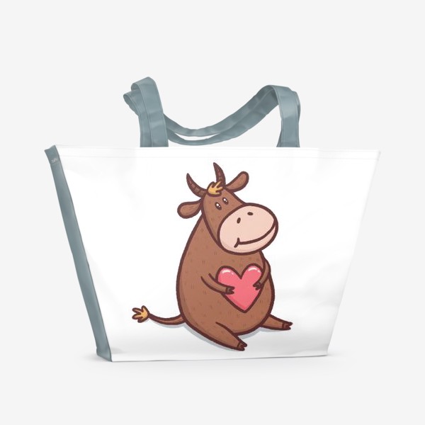Пляжная сумка &laquo;Милый бык с сердечком на белом фоне&raquo;