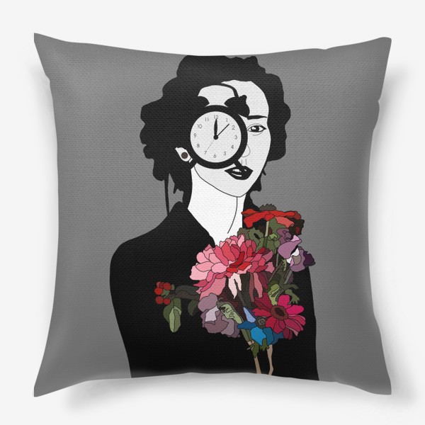 Подушка «Девушка, часы, цветы, сюрреализм »
