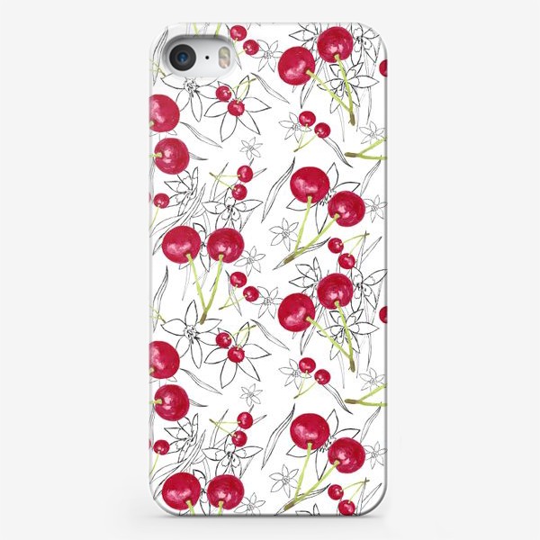Чехол iPhone «Яркая вишня на узорном фоне»