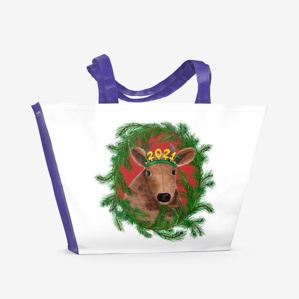 Пляжная сумка «Новогодняя буренка Алёнка в рамке из еловых веток»
