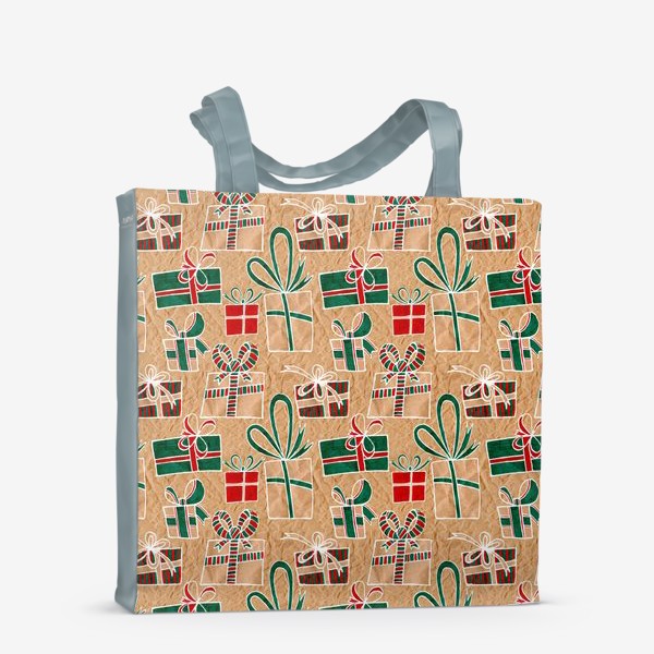 Сумка-шоппер &laquo;Коробки с подарками, нарисованные на крафт-бумаге - бесшовный паттерн&raquo;