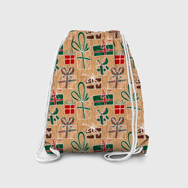 Рюкзак «Коробки с подарками, нарисованные на крафт-бумаге - бесшовный паттерн»