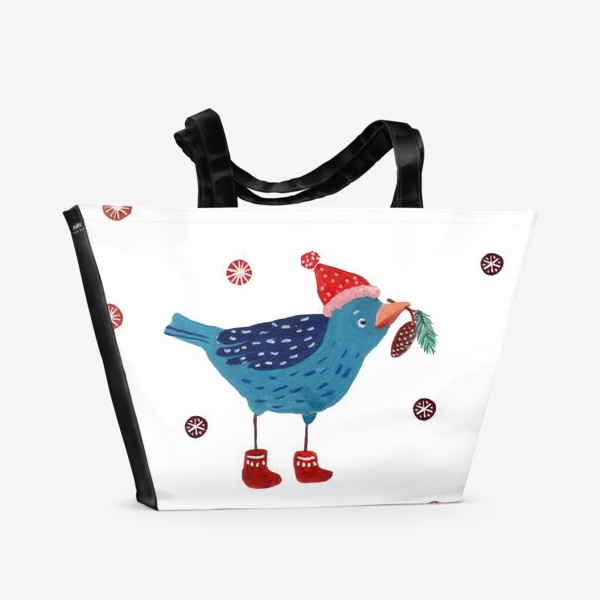 Пляжная сумка «Птичка в шапке с еловой веткой и шишкой»