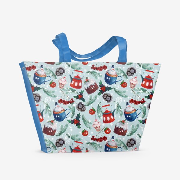 Пляжная сумка «Новогодние сладости, чайник, пудинг, снеговик, ягоды, остролист, шишки, еловые ветки, мандарины»