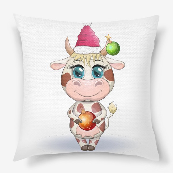Подушка &laquo;Бык, символ 2021 года, корова с шаром и в шапке Санта-Клауса&raquo;