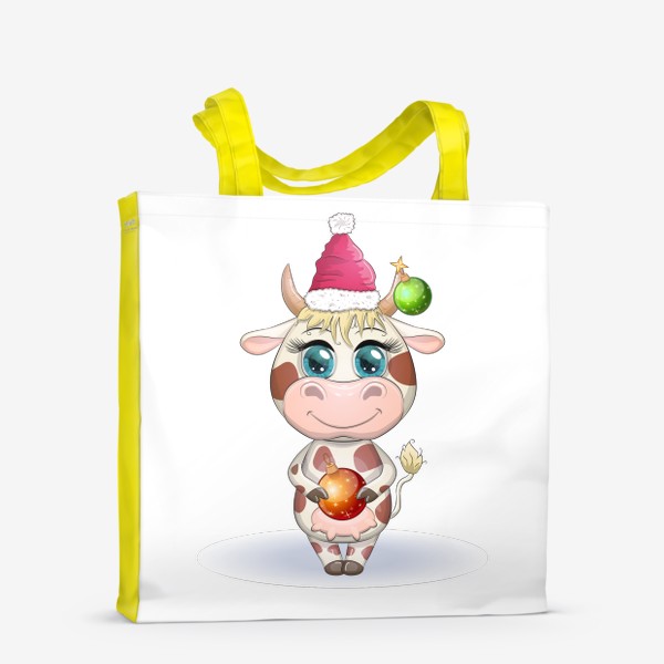 Сумка-шоппер «Бык, символ 2021 года, корова с шаром и в шапке Санта-Клауса»