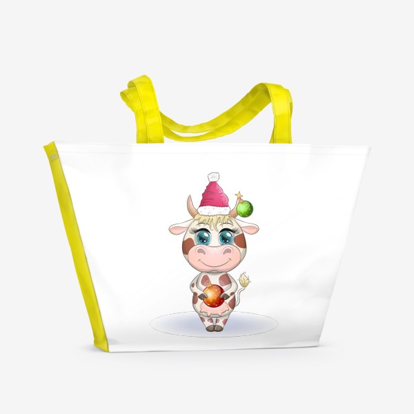 Пляжная сумка «Бык, символ 2021 года, корова с шаром и в шапке Санта-Клауса»
