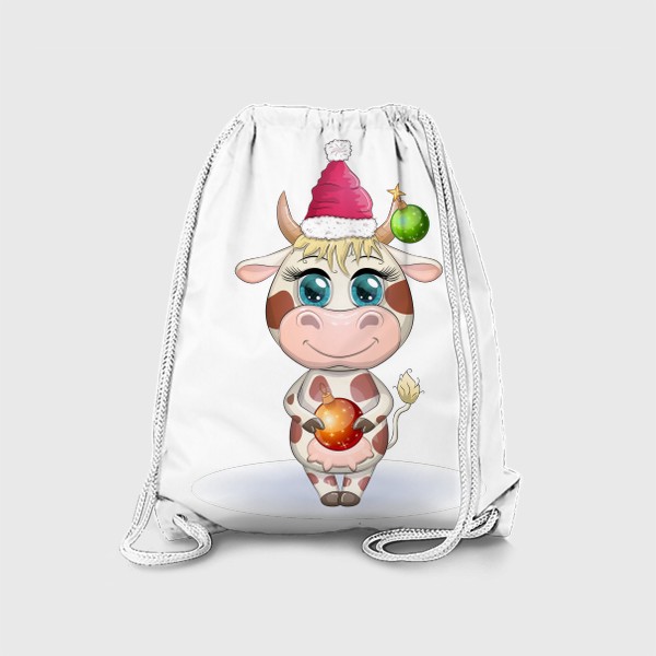 Рюкзак «Бык, символ 2021 года, корова с шаром и в шапке Санта-Клауса»