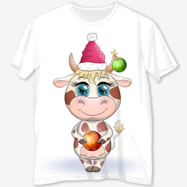 Футболка с полной запечаткой &laquo;Бык, символ 2021 года, корова с шаром и в шапке Санта-Клауса&raquo;