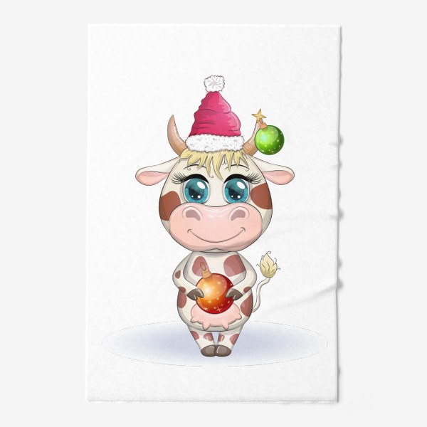 Полотенце «Бык, символ 2021 года, корова с шаром и в шапке Санта-Клауса»