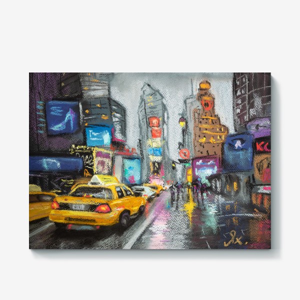 Холст «Такси Дождливый Нью-Йорк Городской скетч Америка Пастель»