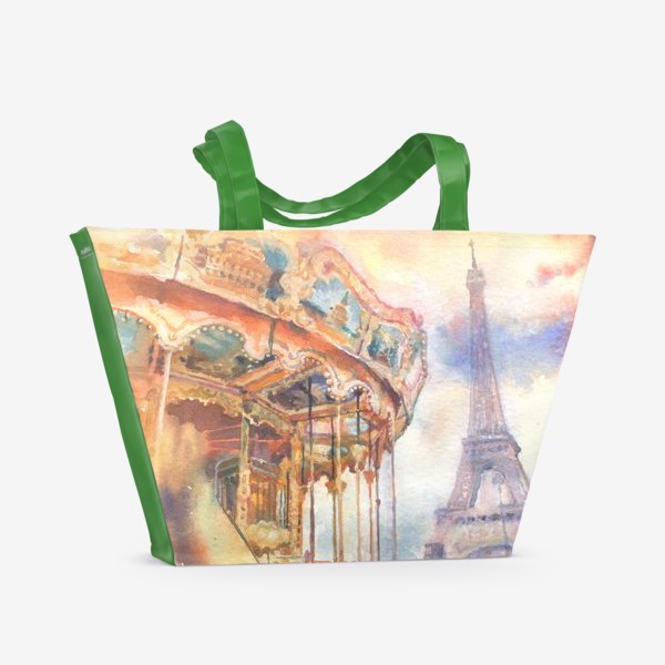 Пляжная сумка «Париж,карусель,  эйфелева башня, картина,акварель»