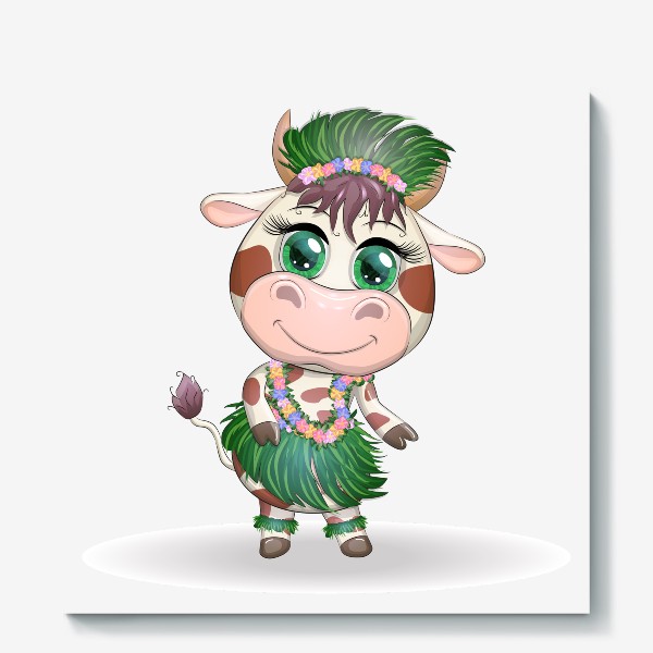 Холст &laquo;Бык, символ 2021 года, танцующая корова в гавайском наряде &raquo;