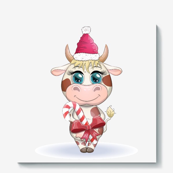 Холст «Бык, символ 2021 года, корова с кенди-кейн и в шапке Санта-Клауса»