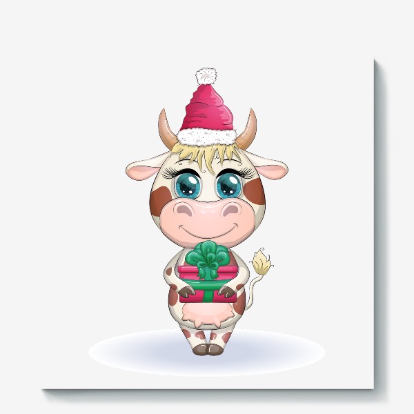 Холст &laquo;Бык, символ 2021 года, корова с подарком и в шапке Санта-Клауса&raquo;
