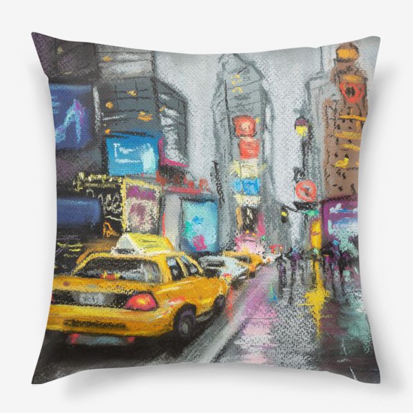 Подушка «Такси Дождливый Нью-Йорк Городской скетч Америка Пастель»