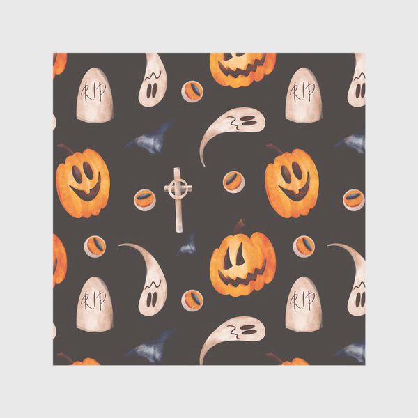 Скатерть «Милый паттерн к празднику хэллоуин с тыквами и призраками на темном»