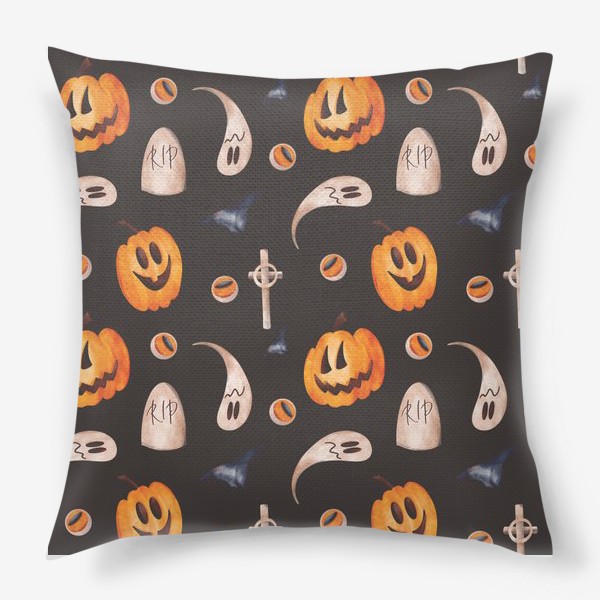 Подушка «Милый паттерн к празднику хэллоуин с тыквами и призраками на темном»