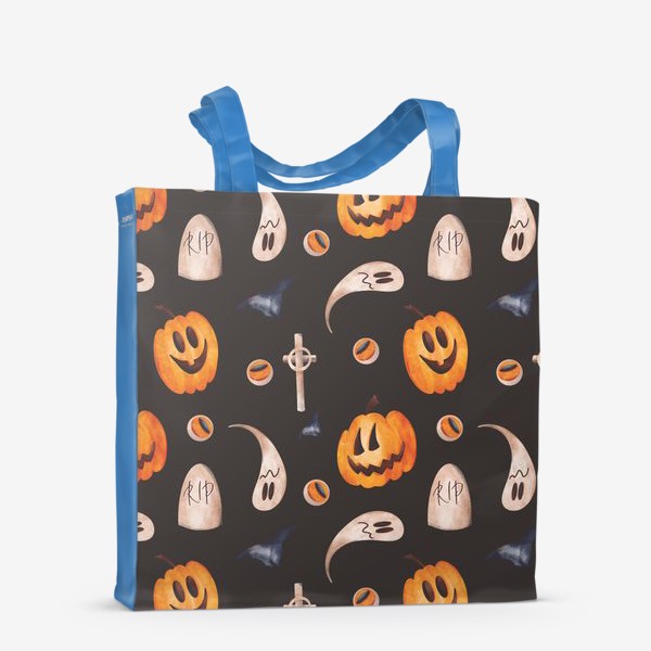 Сумка-шоппер «Милый паттерн к празднику хэллоуин с тыквами и призраками на темном»