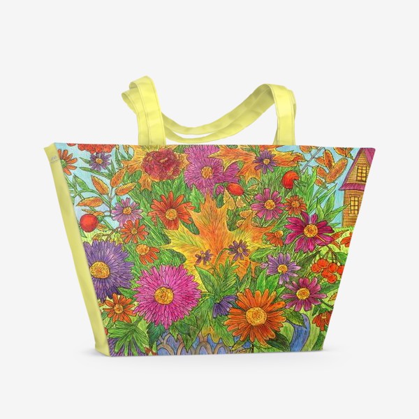 Пляжная сумка «Букет осенних листьев, цветов и ягод и маленький добрый ангел»
