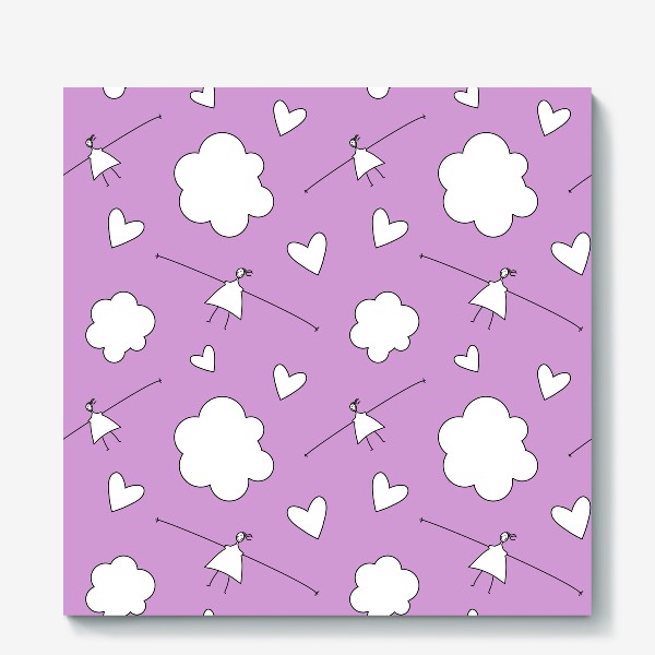 Холст «Девочки облака сердечки Паттерн розовый фон Узор для детей»