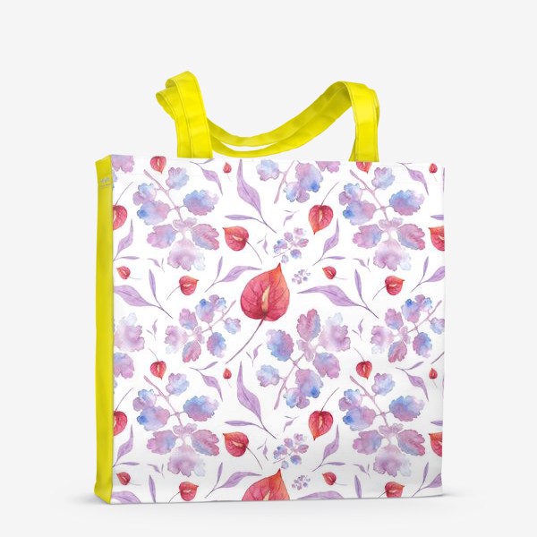 Сумка-шоппер «Орнамент из акварельных голубых листьев красного цветка»