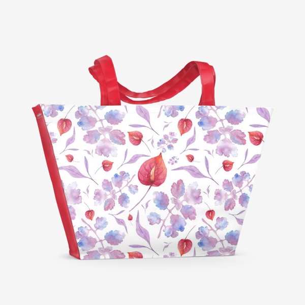 Пляжная сумка «Орнамент из акварельных голубых листьев красного цветка»