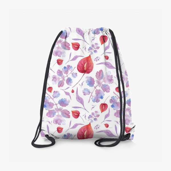 Рюкзак «Орнамент из акварельных голубых листьев красного цветка»