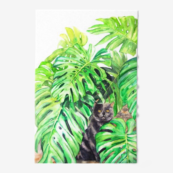 Полотенце «Британский кот с листьями монстеры»