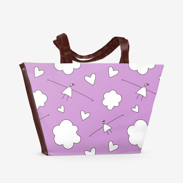 Пляжная сумка «Девочки облака сердечки Паттерн розовый фон Узор для детей»