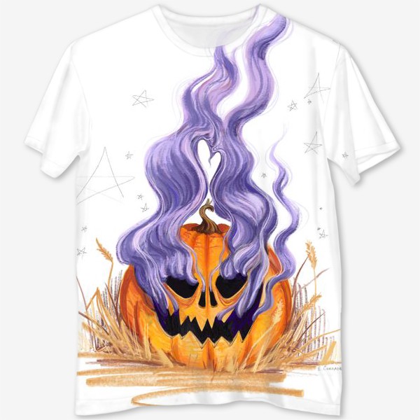 Футболка с полной запечаткой &laquo;Halloween lantern тыква и фиолетовый дым&raquo;