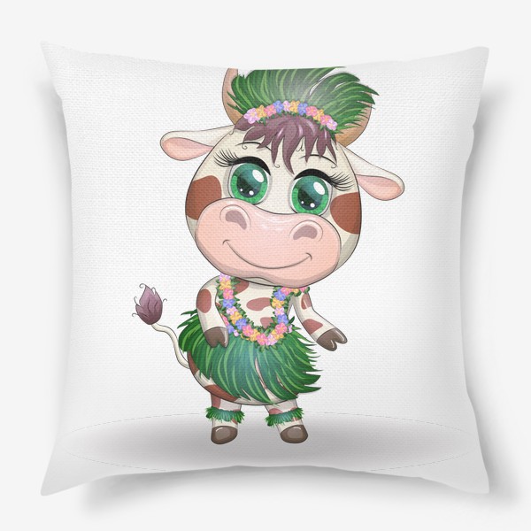 Подушка «Бык, символ 2021 года, танцующая корова в гавайском наряде »