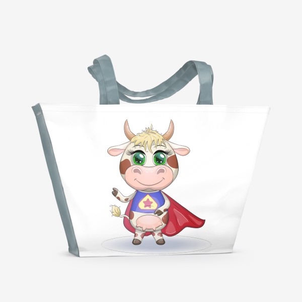 Пляжная сумка «Бык, символ 2021 года, корова-супер герой спешит на помощь»