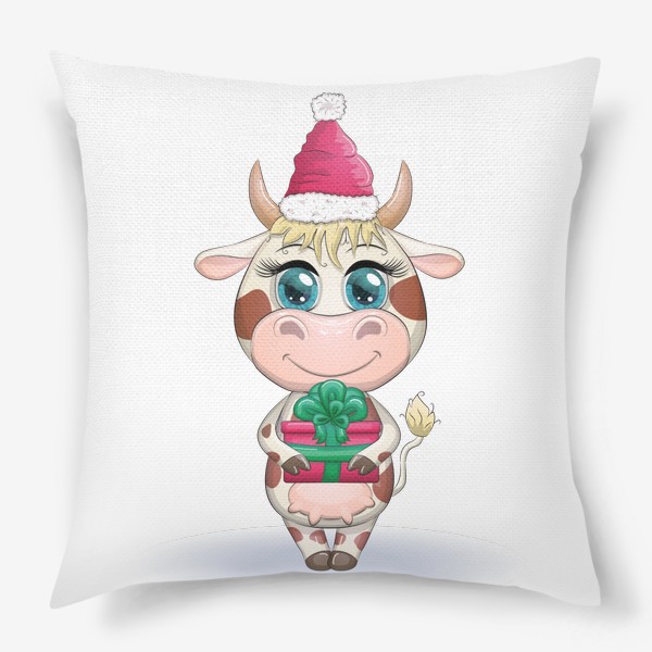 Подушка &laquo;Бык, символ 2021 года, корова с подарком и в шапке Санта-Клауса&raquo;