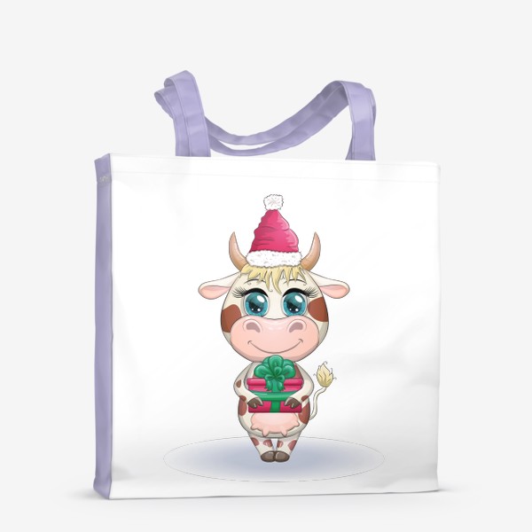 Сумка-шоппер «Бык, символ 2021 года, корова с подарком и в шапке Санта-Клауса»