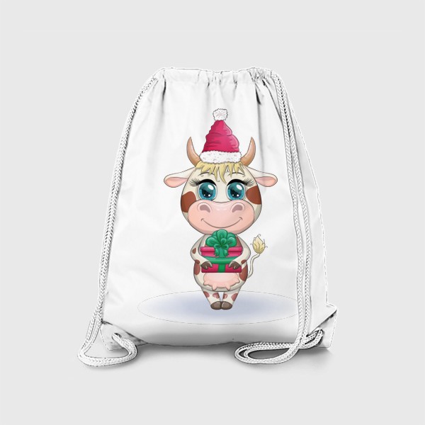 Рюкзак «Бык, символ 2021 года, корова с подарком и в шапке Санта-Клауса»